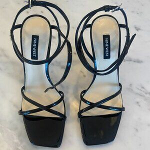 Nine West Tidle Strappy High Stiletto Black Patent Leather Sandals Size 7.5